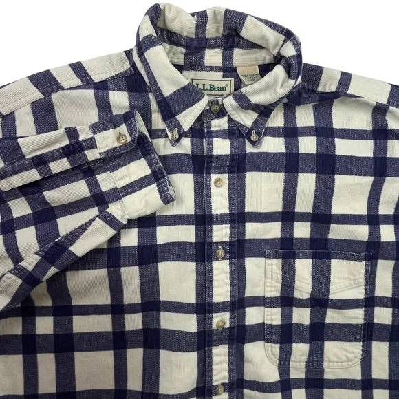 409L.L. Bean Vintage Corduroy Plaid Long Sleeve Mens Large TALL Blue Cream Y2K